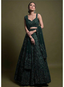 Green Color Thread With Sequins Work  Designer Lehenga Choli