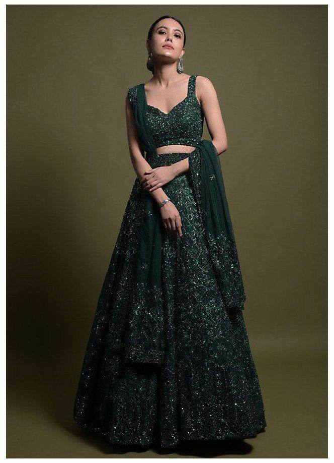 Green Color Thread With Sequins Work  Designer Lehenga Choli