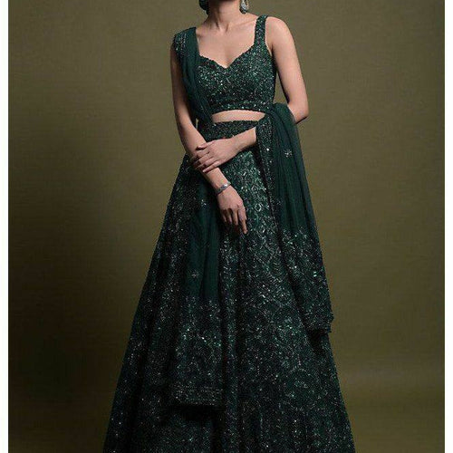 Green Color Thread With Sequins Work  Designer Lehenga Choli