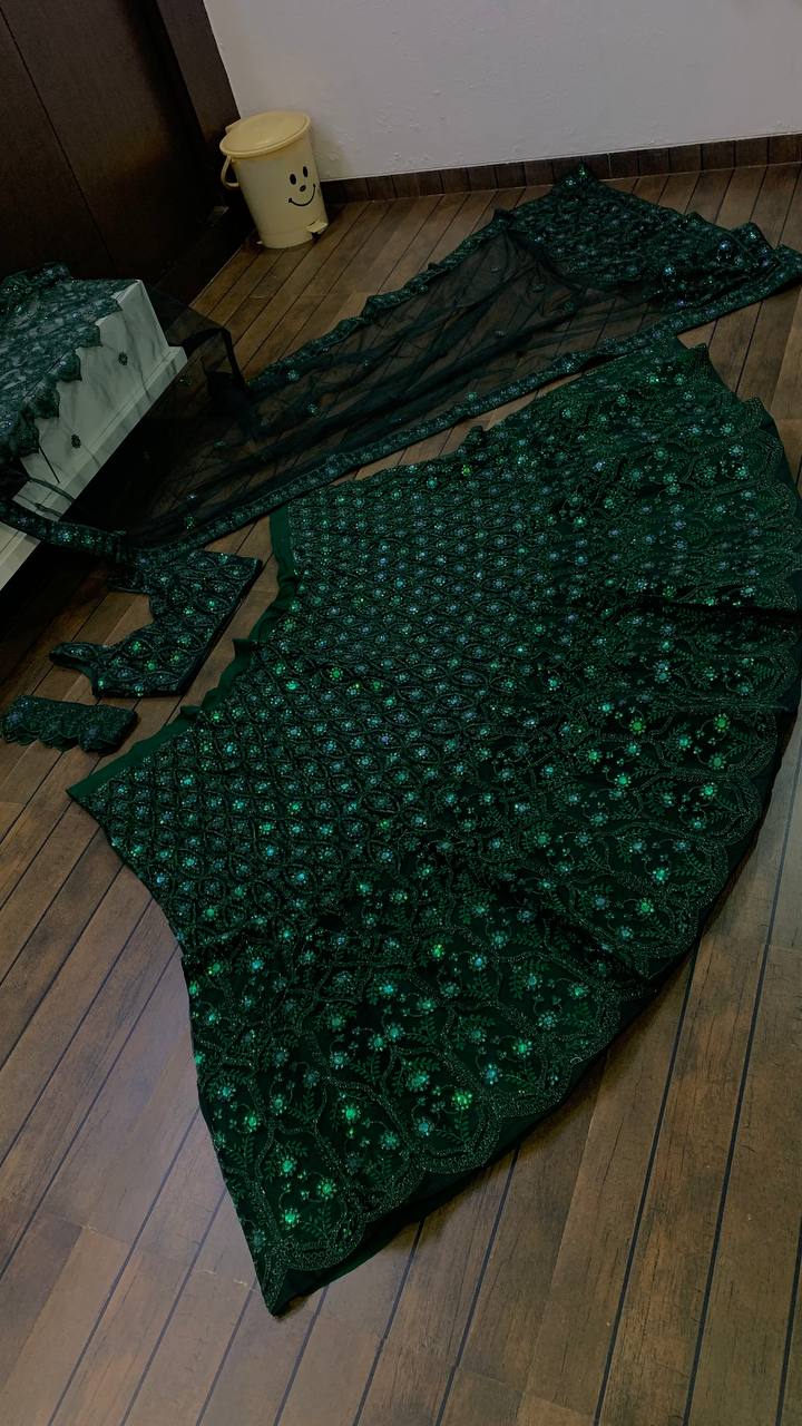 Green Color Thread With Sequins Work  Designer Lehenga Choli