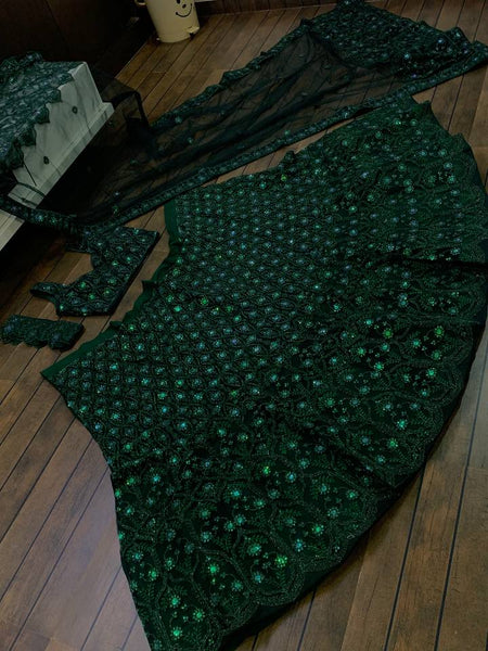 Green Color Thread With Sequins Work  Designer Lehenga Choli