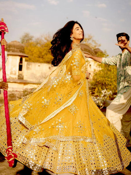 Yellow Color Paper Mirror Work Designer Lehenga Choli