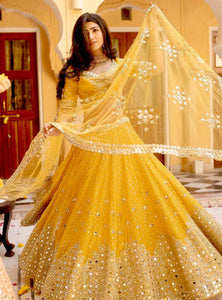 Yellow Color Paper Mirror Work Designer Lehenga Choli