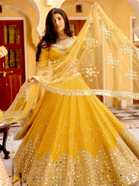 Yellow Color Paper Mirror Work Designer Lehenga Choli