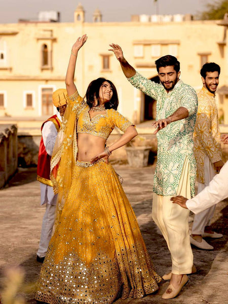 Yellow Color Paper Mirror Work Designer Lehenga Choli