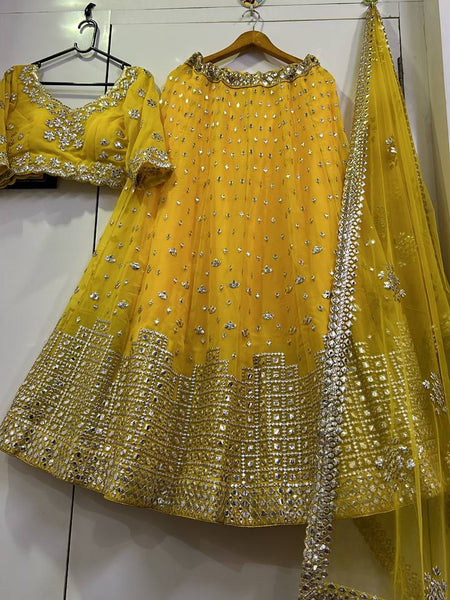 Yellow Color Paper Mirror Work Designer Lehenga Choli