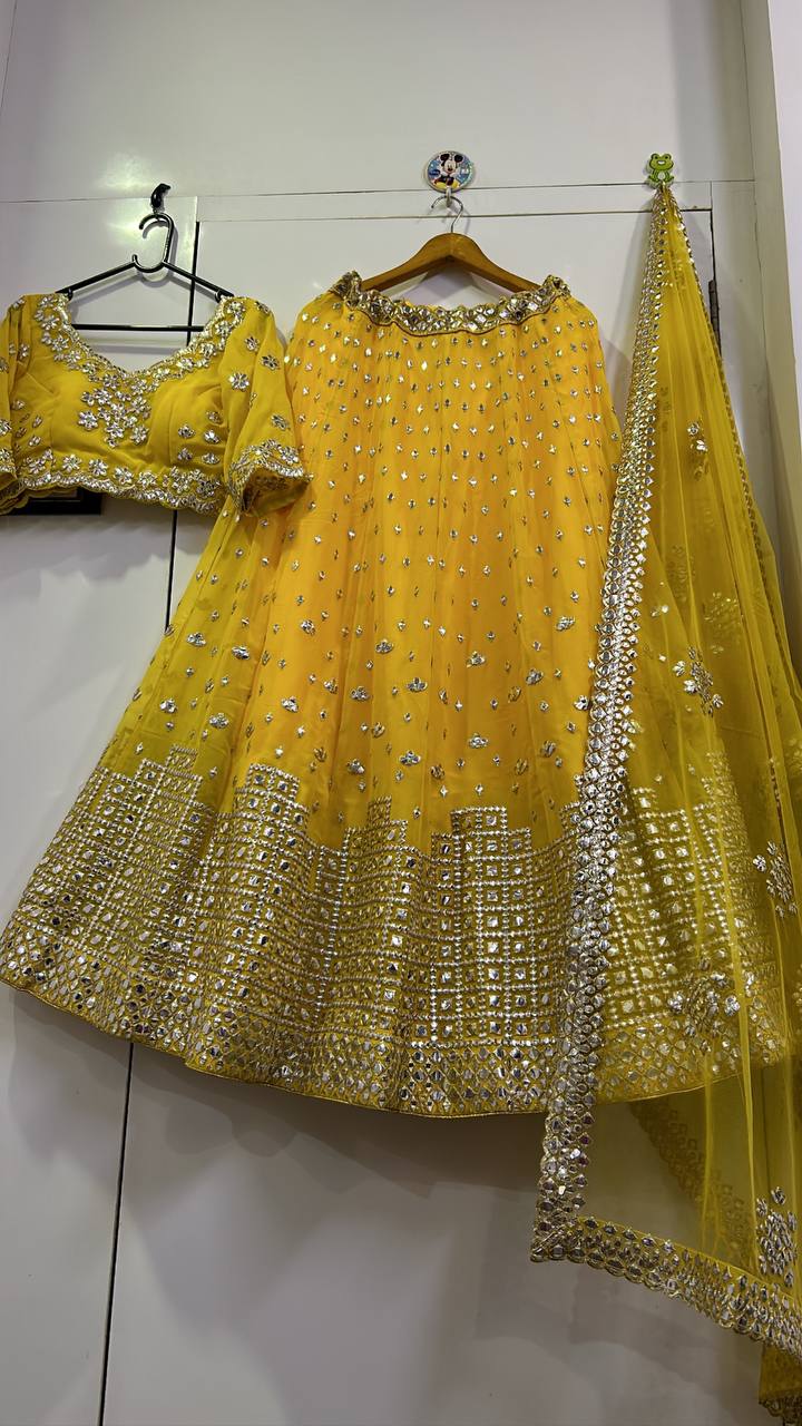 Yellow Color Paper Mirror Work Designer Lehenga Choli