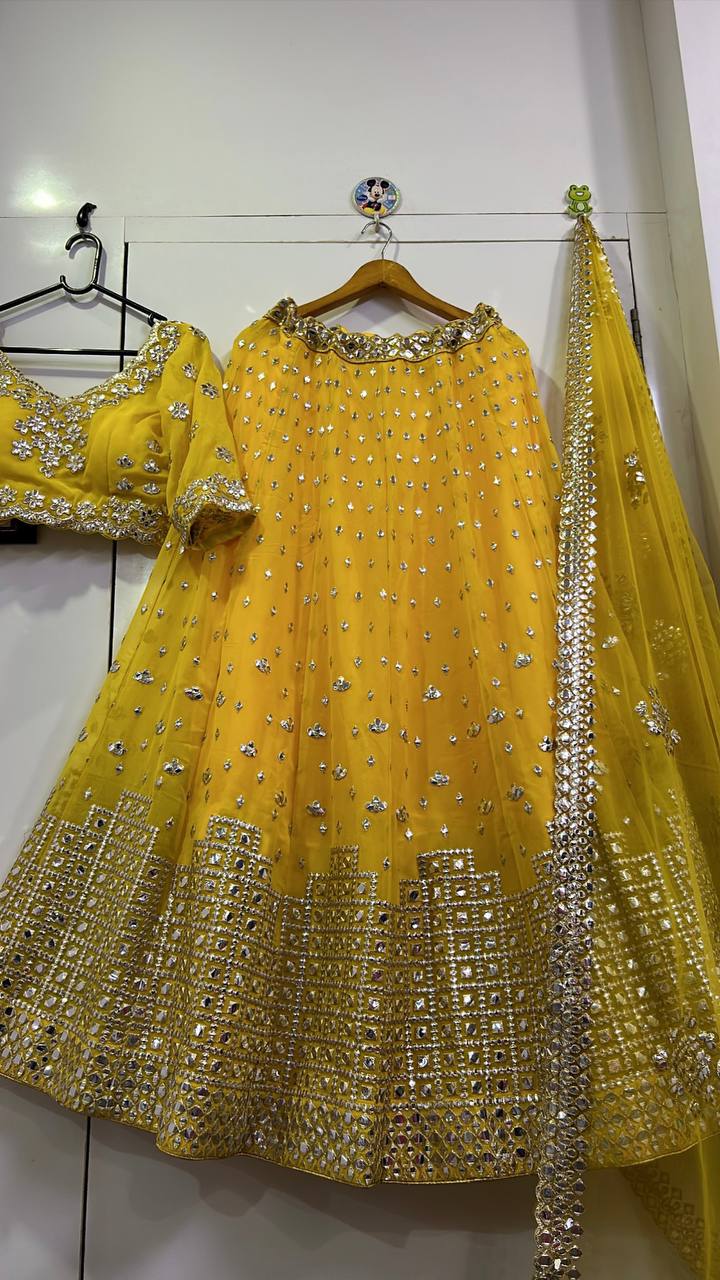 Yellow Color Paper Mirror Work Designer Lehenga Choli
