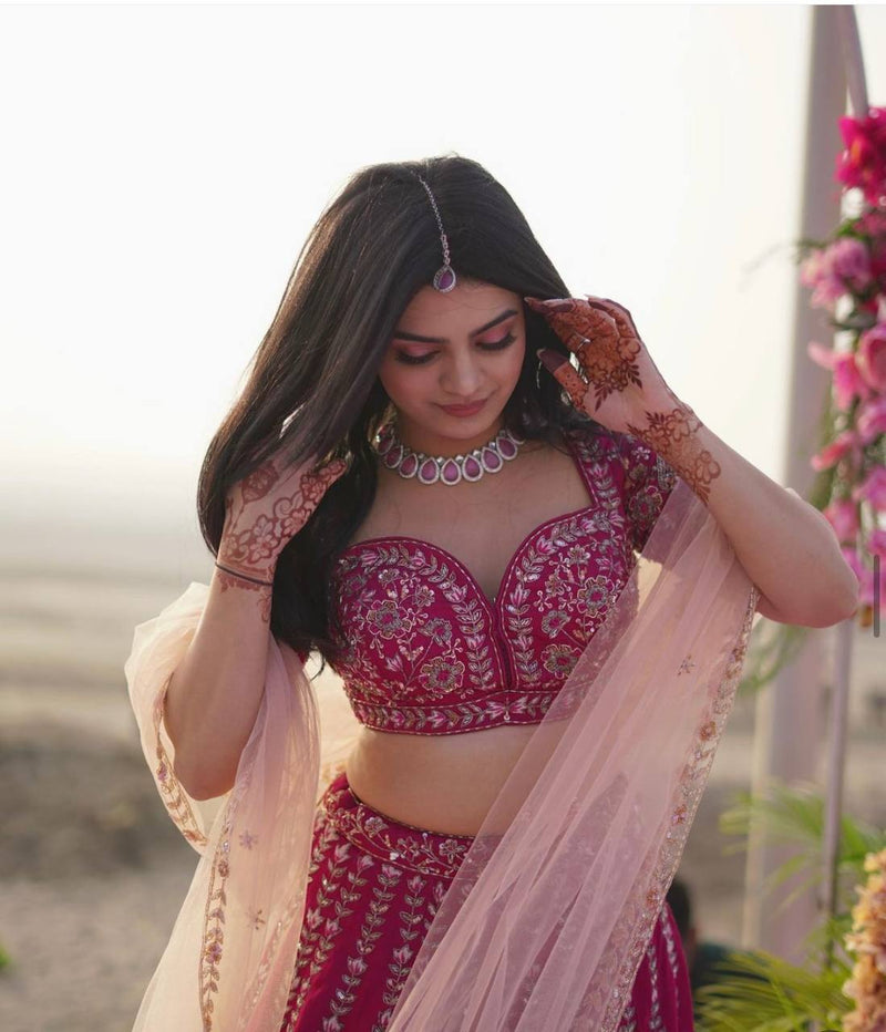 Pink Color Thread With Sequence Work  Designer Wedding Wear Lehenga Choli