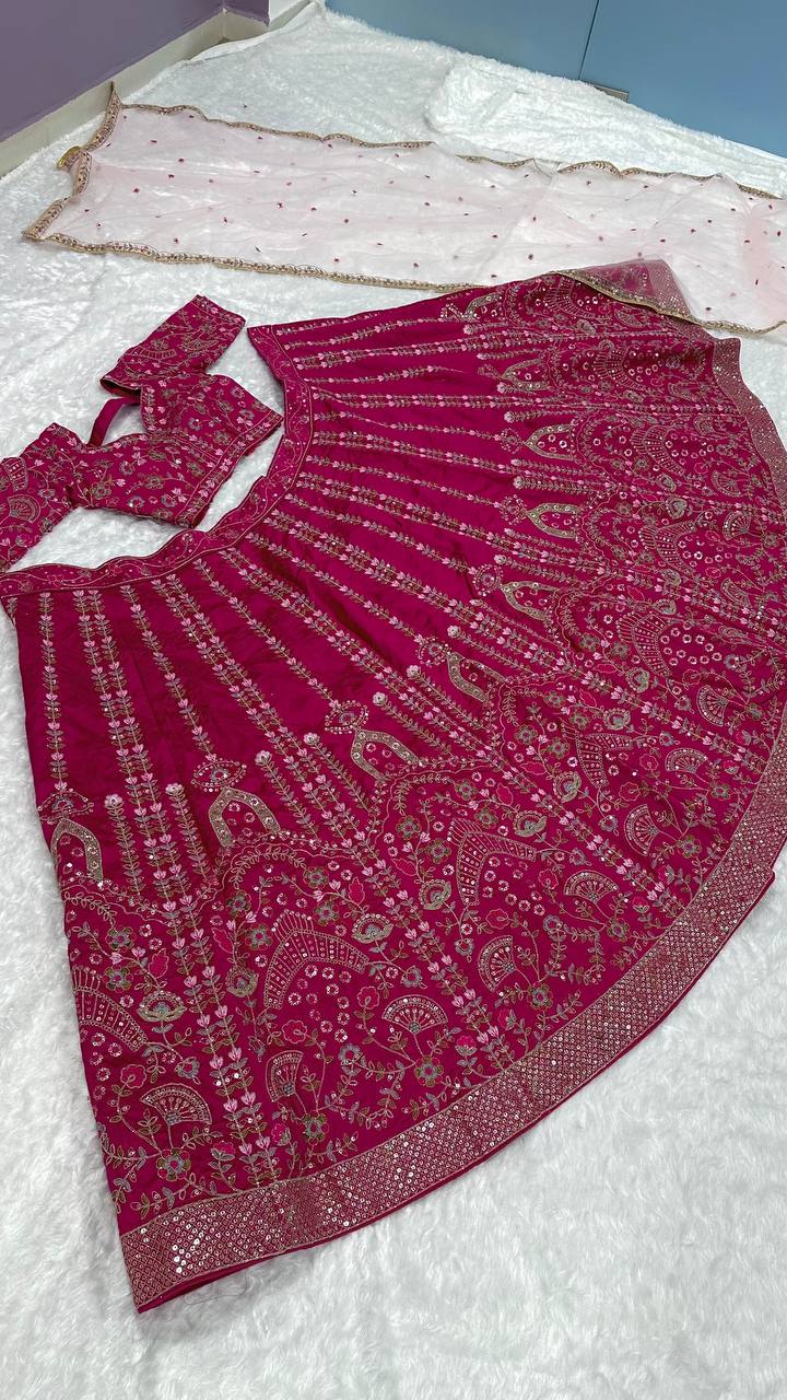 Pink Color Thread With Sequence Work  Designer Wedding Wear Lehenga Choli