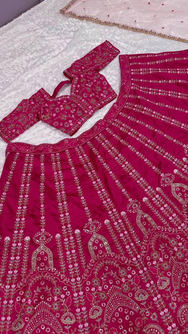 Pink Color Thread With Sequence Work  Designer Wedding Wear Lehenga Choli
