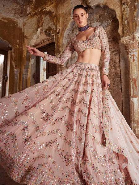 Peach Color Thread With Sequence Work  Designer Lehenga Choli