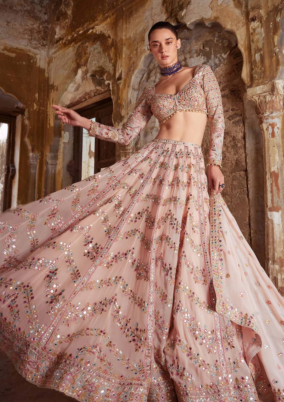 Peach Color Thread With Sequence Work  Designer Lehenga Choli