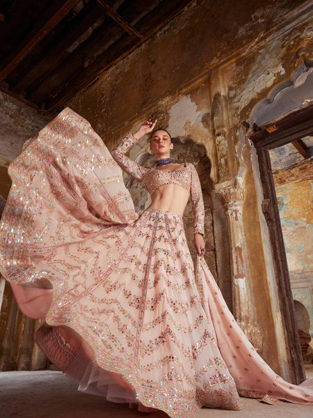 Peach Color Thread With Sequence Work  Designer Lehenga Choli