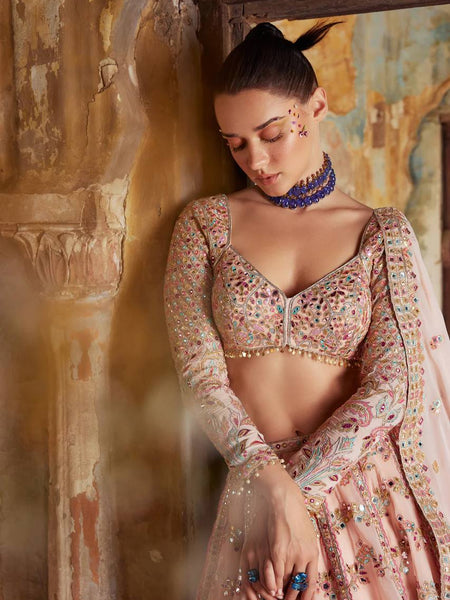 Peach Color Thread With Sequence Work  Designer Lehenga Choli