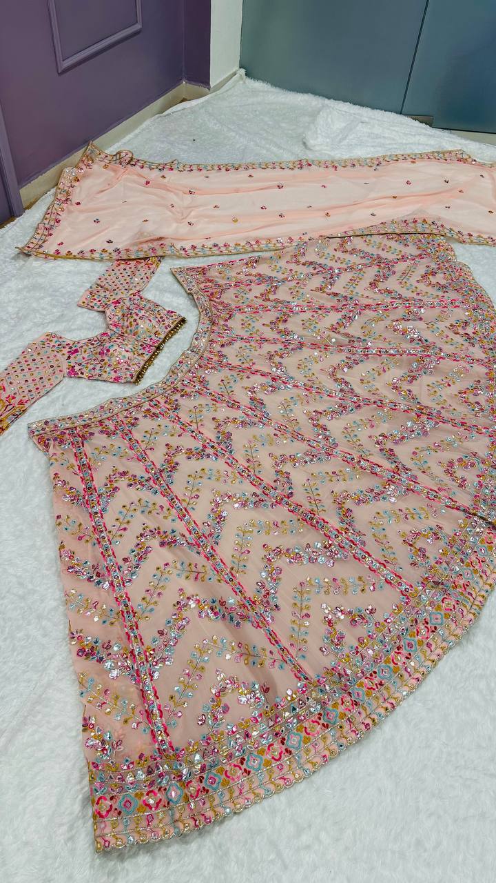 Peach Color Thread With Sequence Work  Designer Lehenga Choli