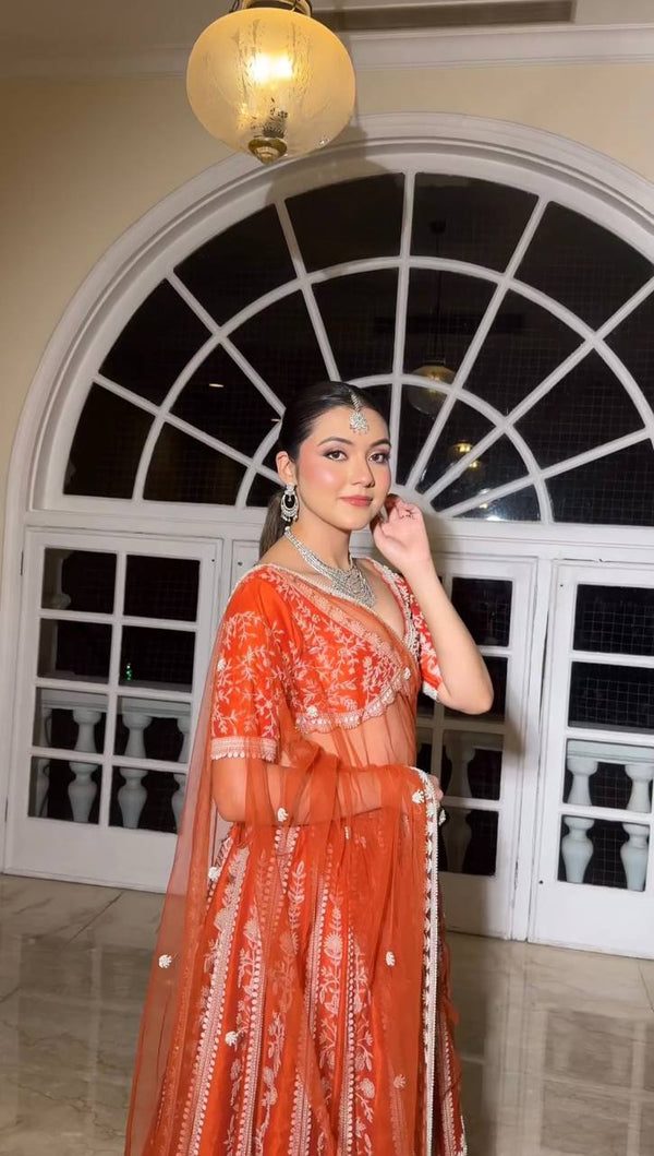 Orange Color Heavy Sequence With Thread Work  Designer Lehenga Choli