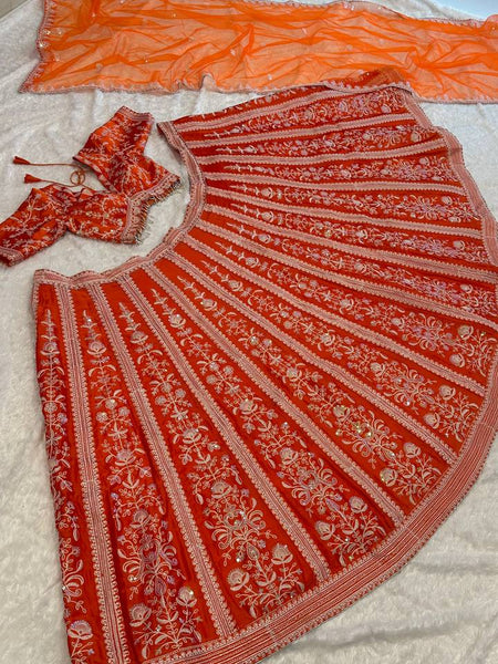 Orange Color Heavy Sequence With Thread Work  Designer Lehenga Choli