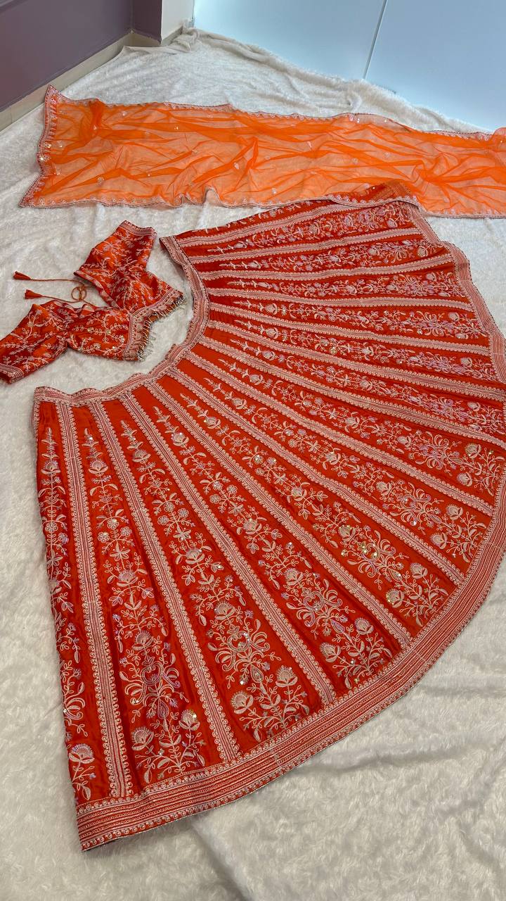 Orange Color Heavy Sequence With Thread Work  Designer Lehenga Choli