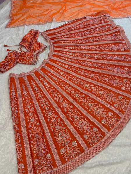 Orange Color Heavy Sequence With Thread Work  Designer Lehenga Choli