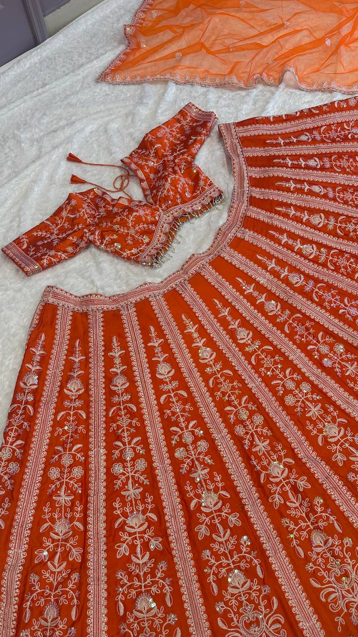 Orange Color Heavy Sequence With Thread Work  Designer Lehenga Choli
