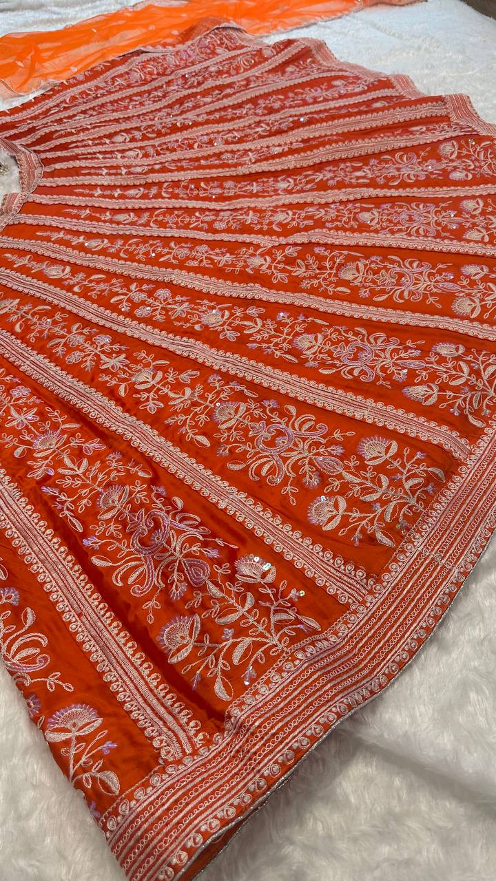 Orange Color Heavy Sequence With Thread Work  Designer Lehenga Choli