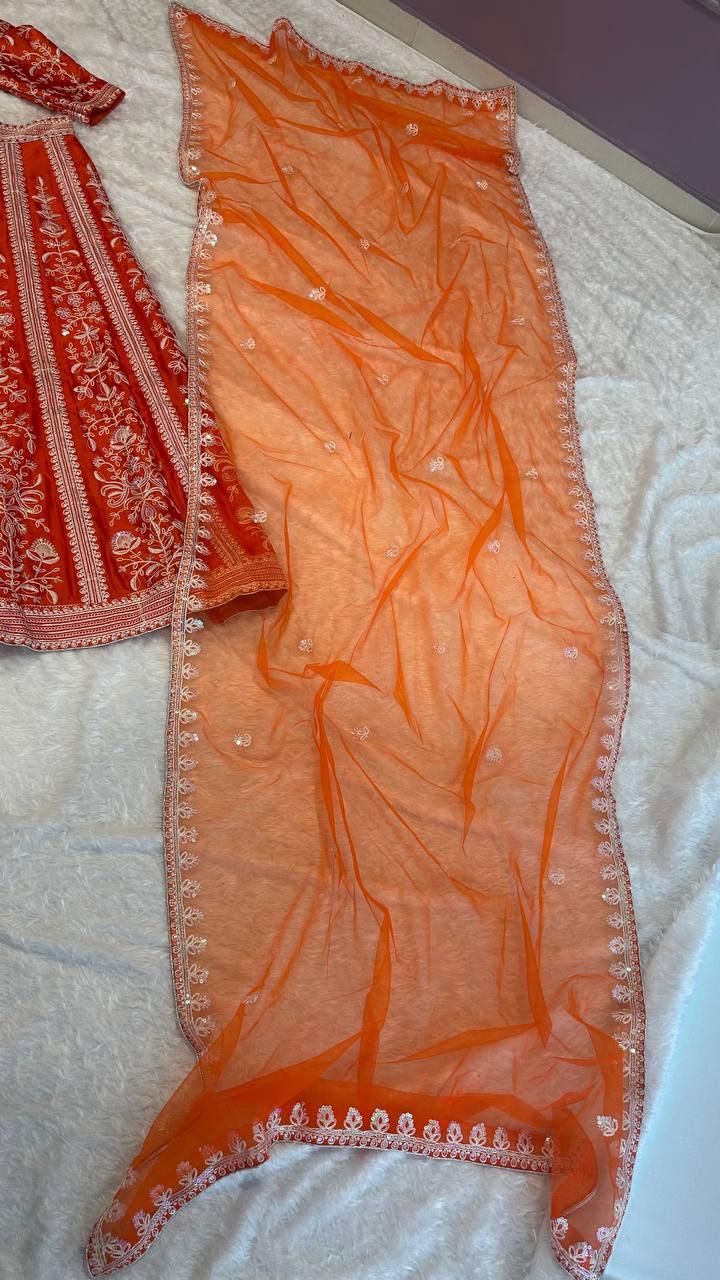 Orange Color Heavy Sequence With Thread Work  Designer Lehenga Choli