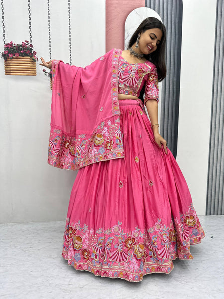 Hot Pink Color Wedding Wear Heavy Embroidery Work Lehenga Choli