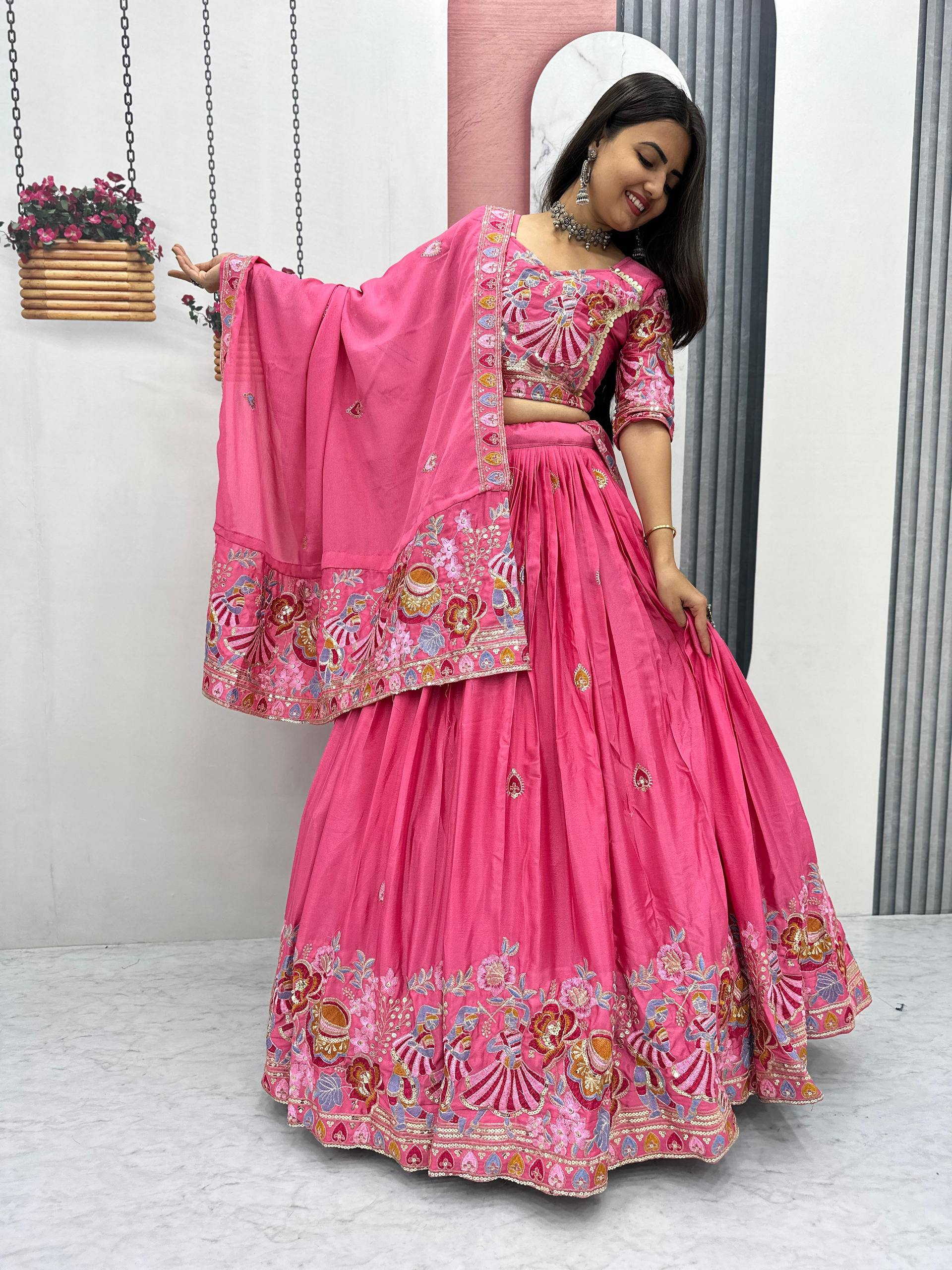 Hot Pink Color Wedding Wear Heavy Embroidery Work Lehenga Choli