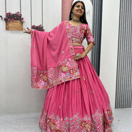 Hot Pink Color Wedding Wear Heavy Embroidery Work Lehenga Choli