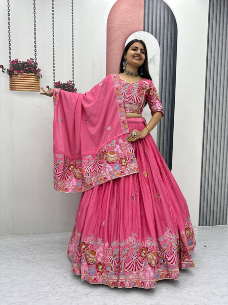 Hot Pink Color Wedding Wear Heavy Embroidery Work Lehenga Choli