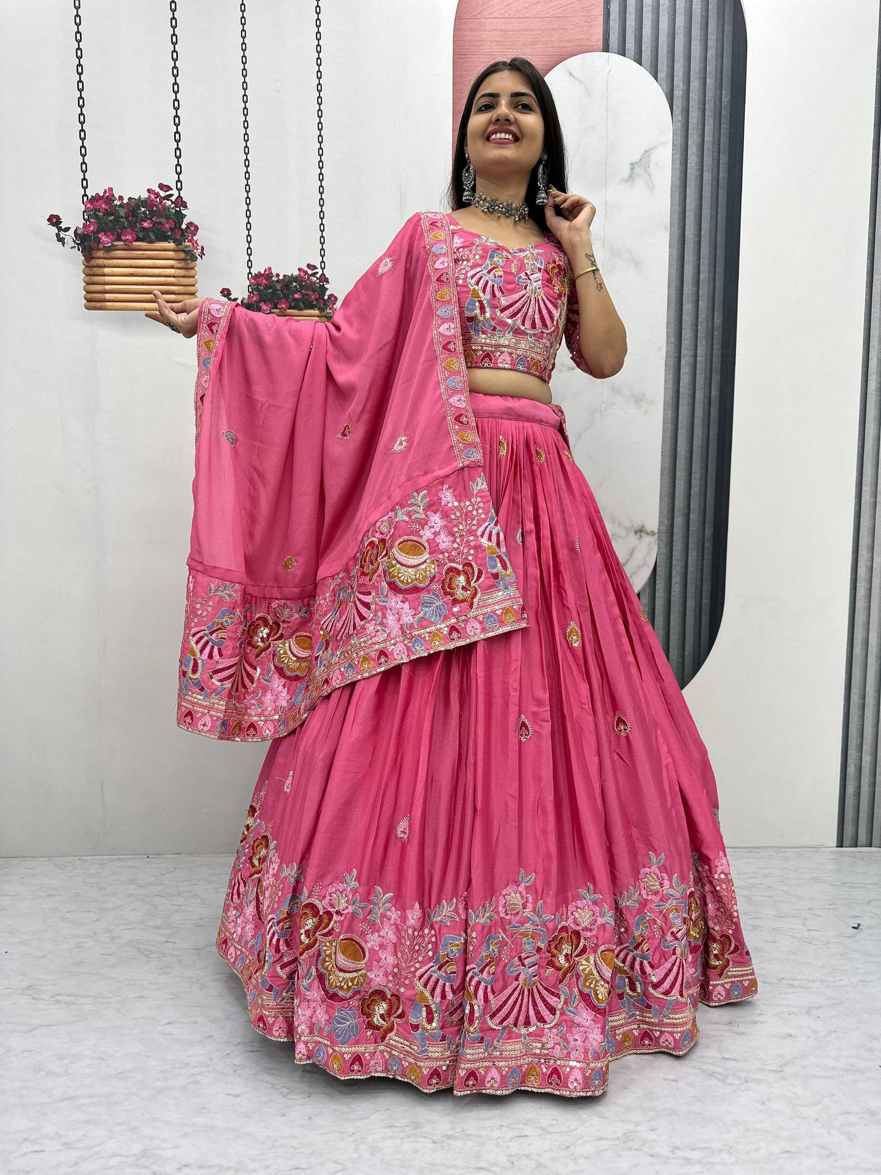 Hot Pink Color Wedding Wear Heavy Embroidery Work Lehenga Choli