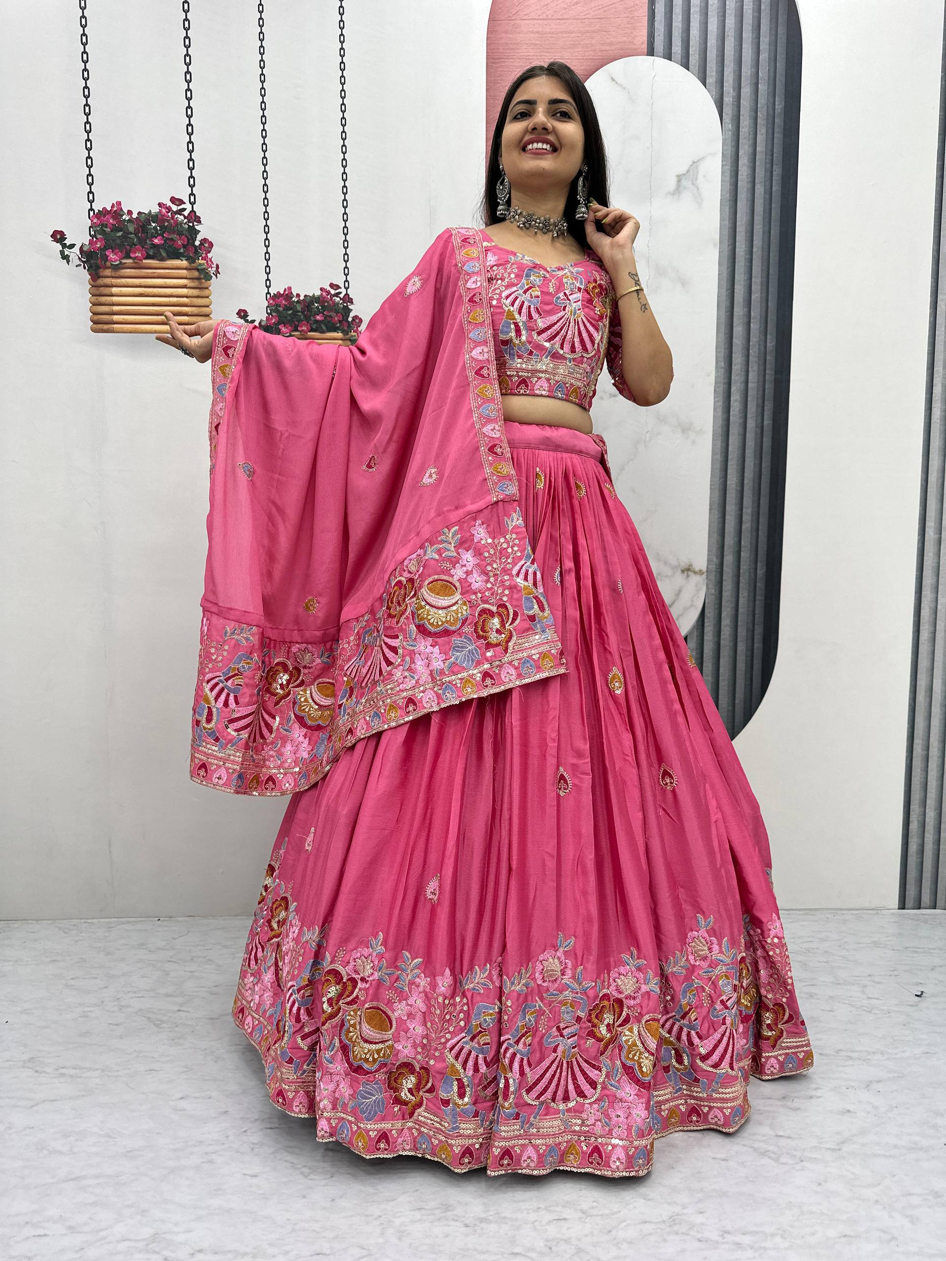 Hot Pink Color Wedding Wear Heavy Embroidery Work Lehenga Choli