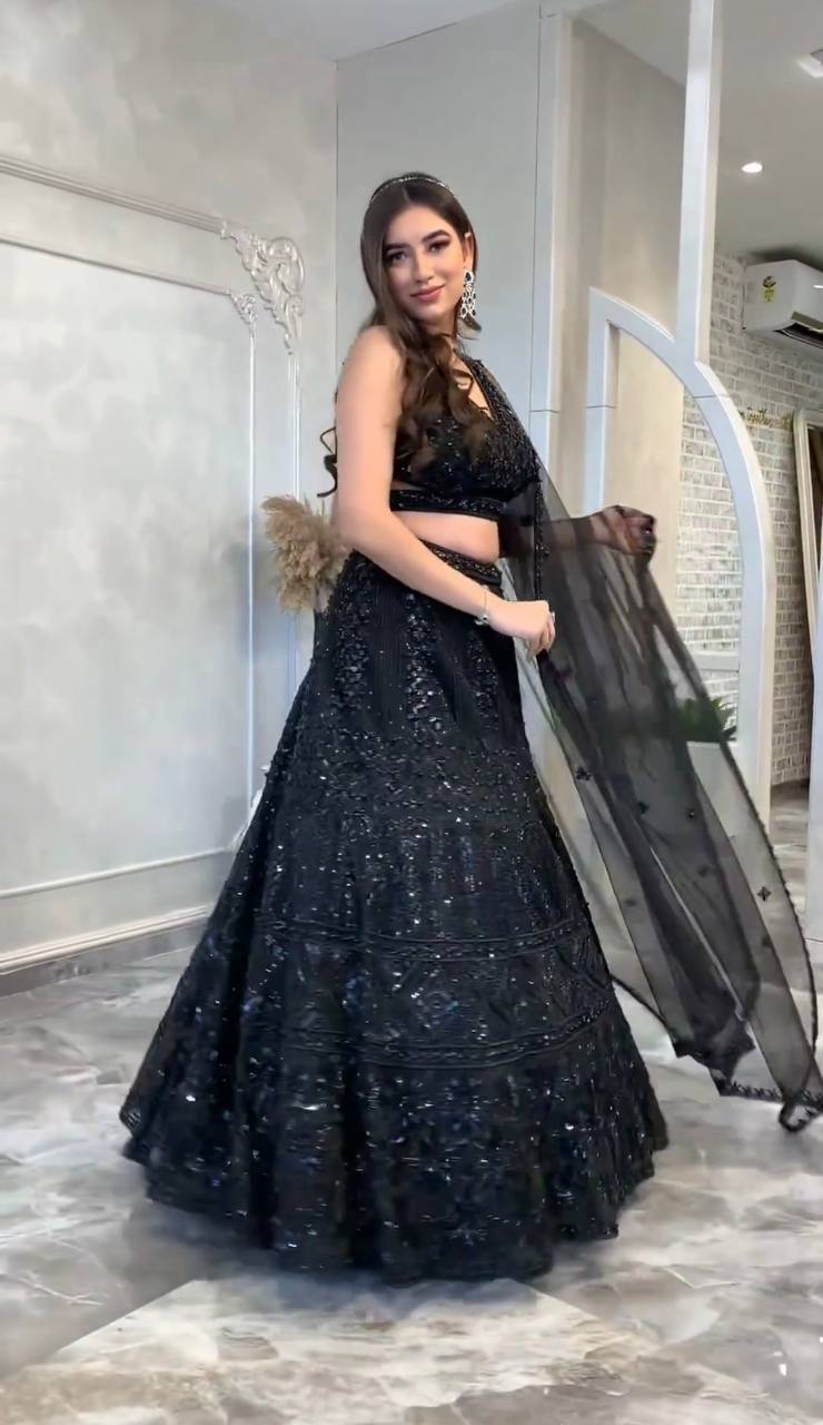 Black Color Heavy Sequence Work Designer Wedding Wear Lehenga Choli
