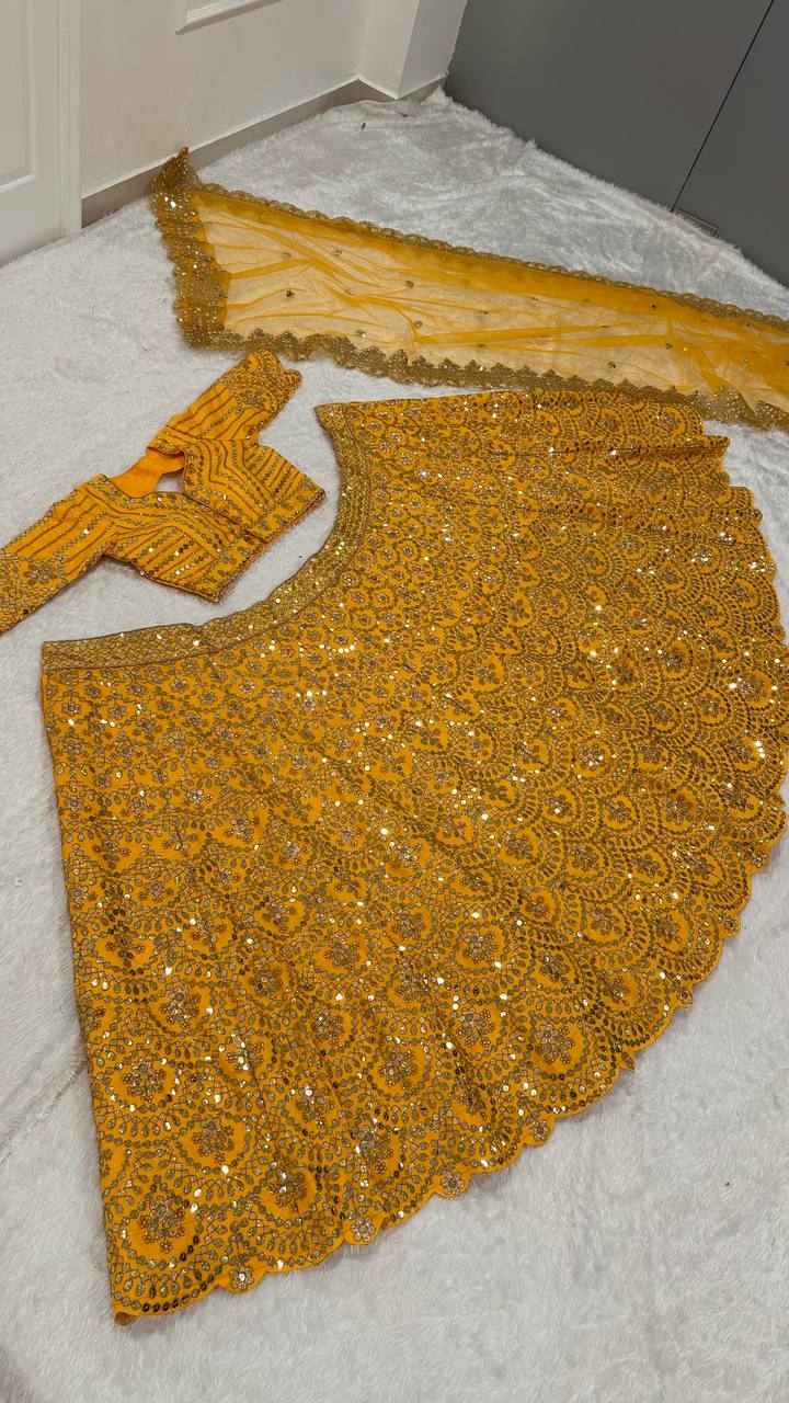Yellow Color Heavy Sequence Work  Designer Haldi Lehenga Choli
