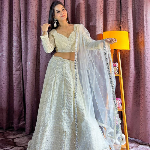 White Color Heavy Sequence With Thread Work Designer Lehenga Choli