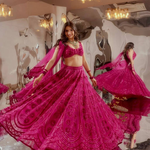 Pink Color Heavy Thread With Sequence Work  Designer Lehenga Choli