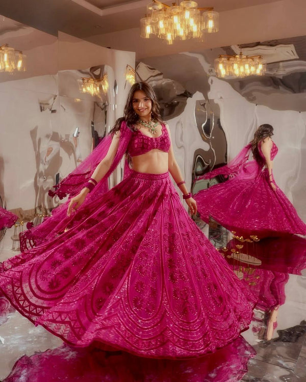 Pink Color Heavy Thread With Sequence Work  Designer Lehenga Choli