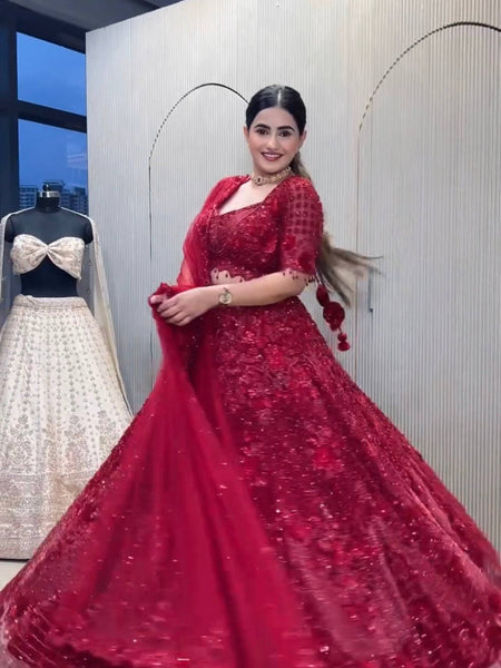 Red Color Heavy Thread With Sequence Work  Designer Lehenga Choli