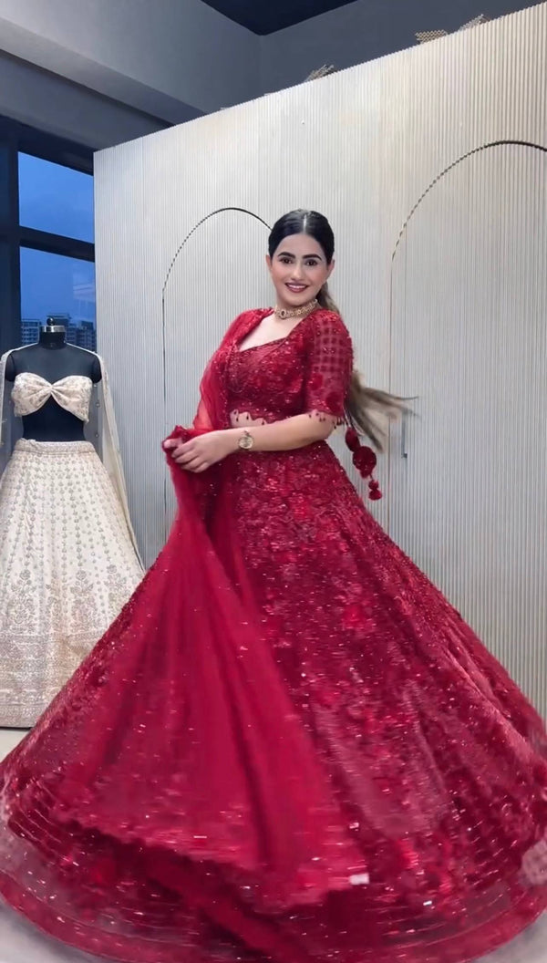 Red Color Heavy Thread With Sequence Work  Designer Lehenga Choli
