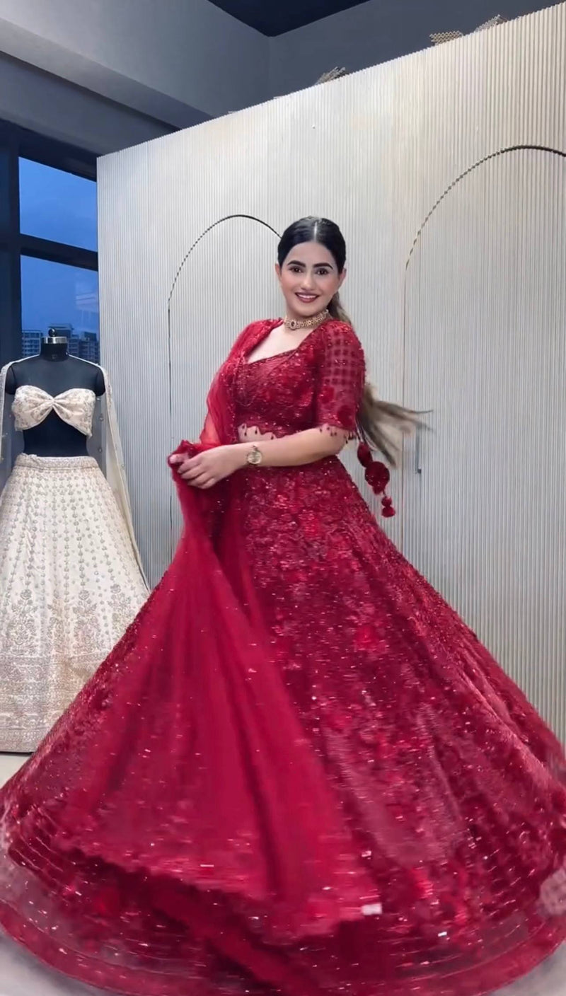 Red Color Heavy Thread With Sequence Work  Designer Lehenga Choli