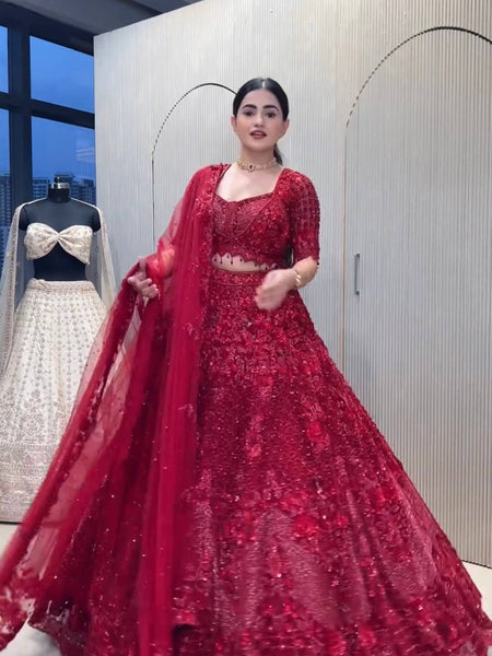Red Color Heavy Thread With Sequence Work  Designer Lehenga Choli