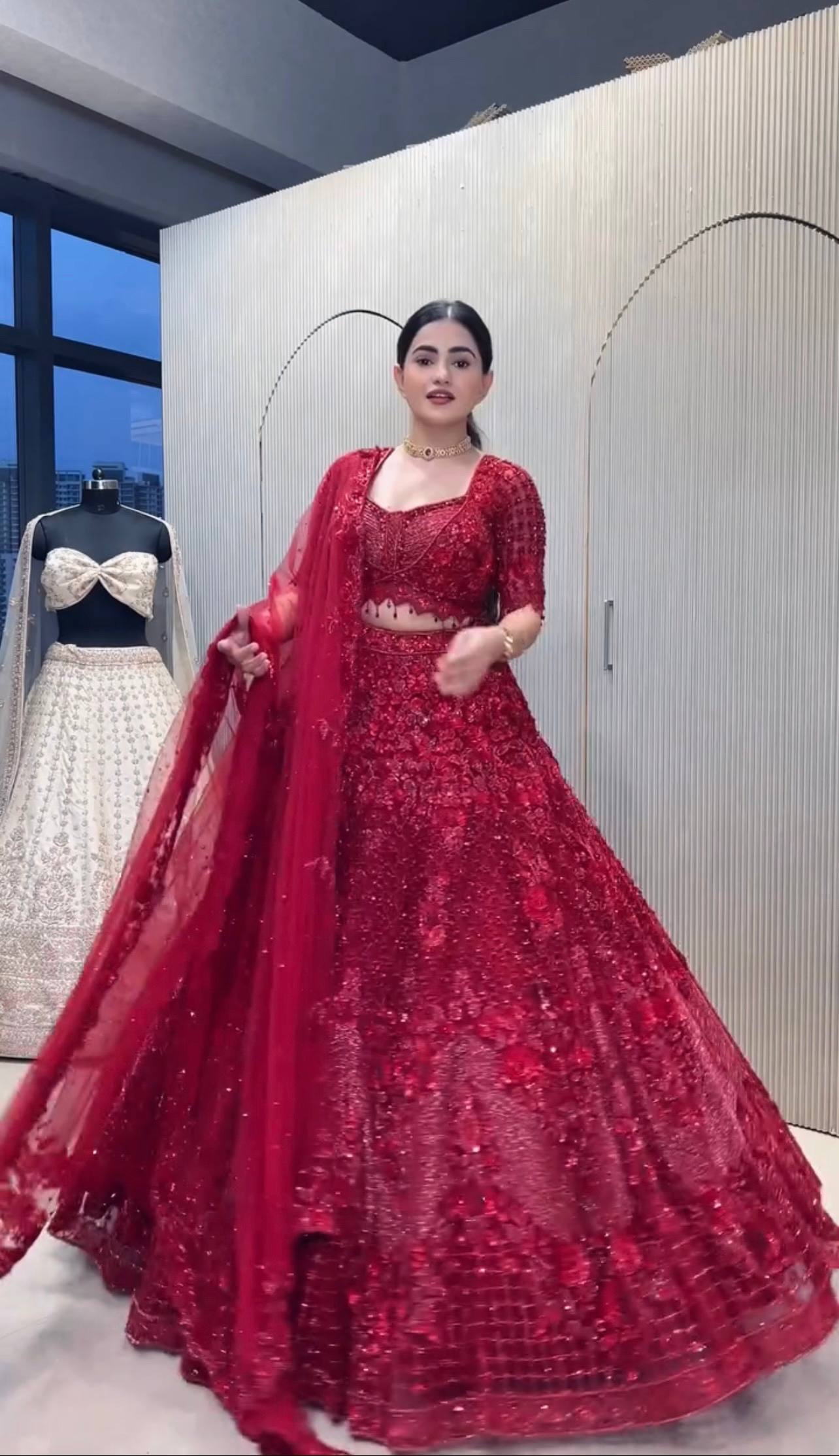 Red Color Heavy Thread With Sequence Work  Designer Lehenga Choli