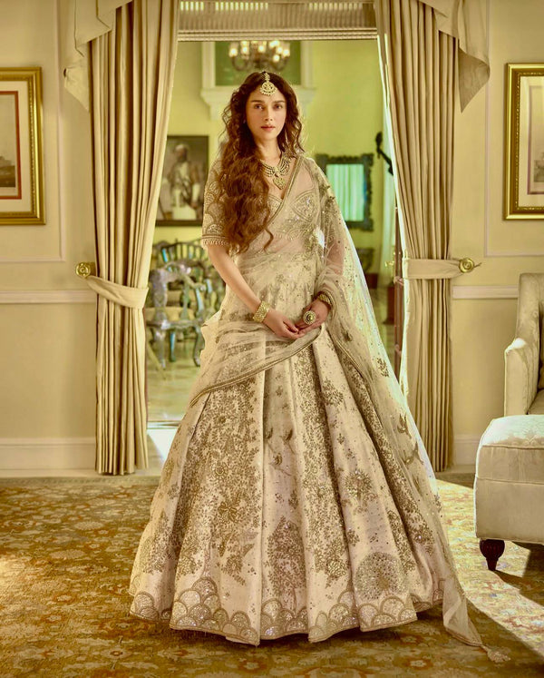 Cream Color Heavy Zari With Sequence Work  Designer Lehenga Choli