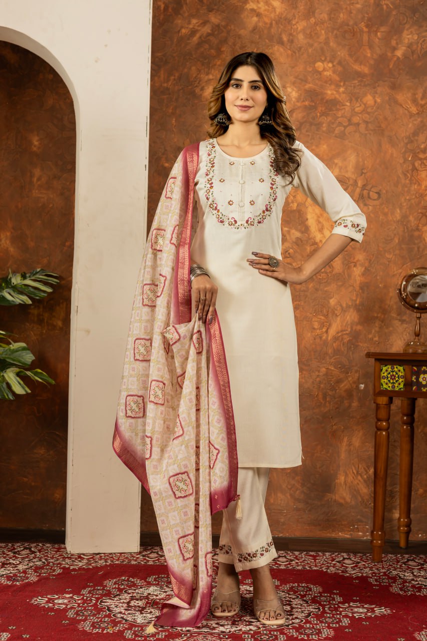 Off-White Color Embroidery Thread Work Designer Salwar Suit