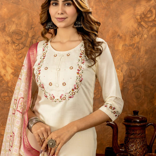 Off-White Color Embroidery Thread Work Designer Salwar Suit
