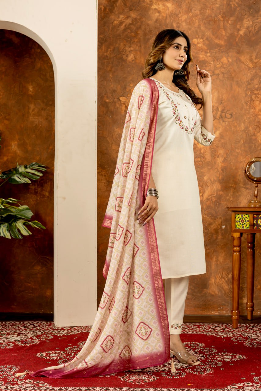 Off-White Color Embroidery Thread Work Designer Salwar Suit