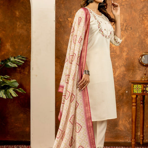 Off-White Color Embroidery Thread Work Designer Salwar Suit