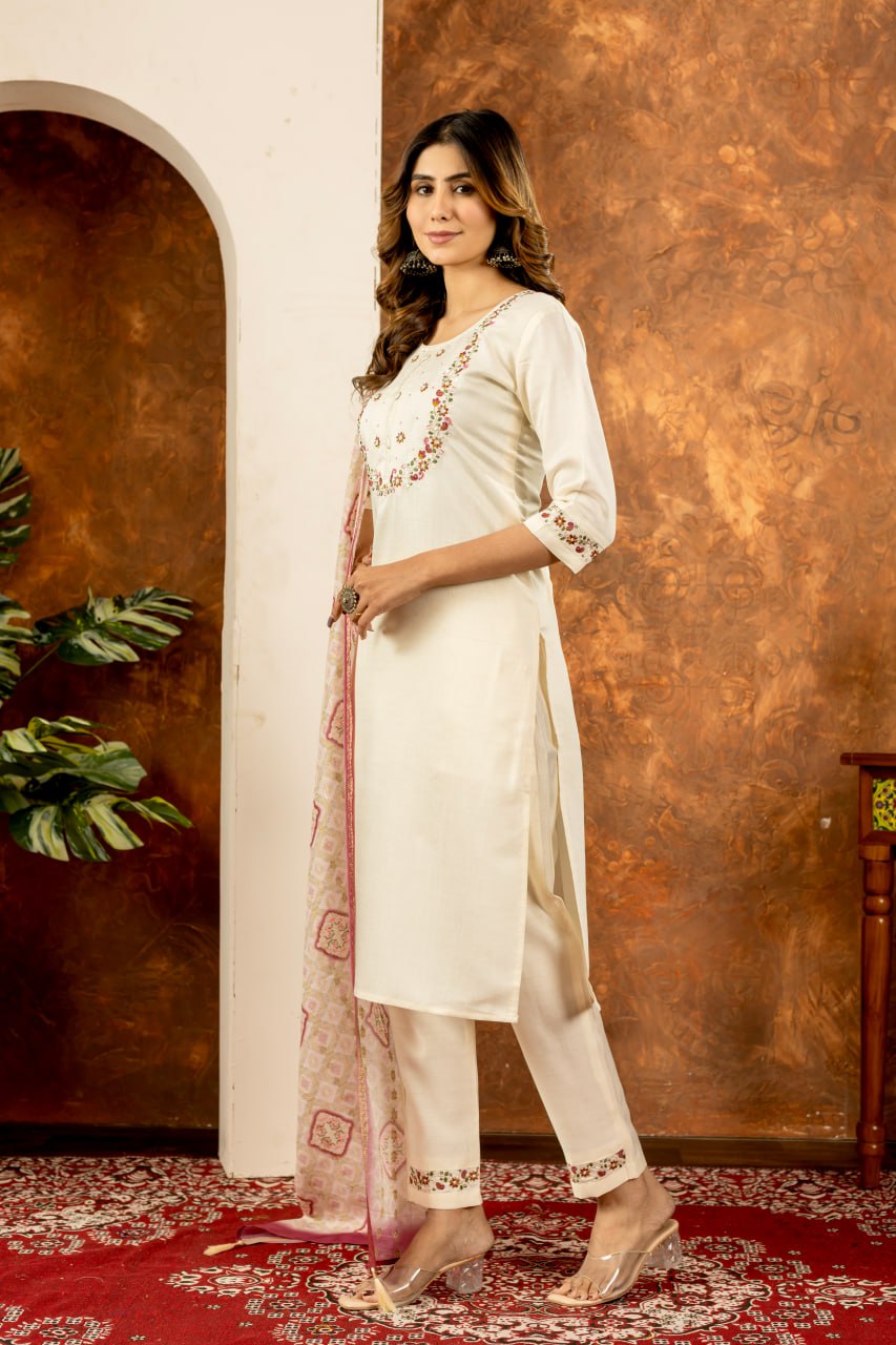 Off-White Color Embroidery Thread Work Designer Salwar Suit