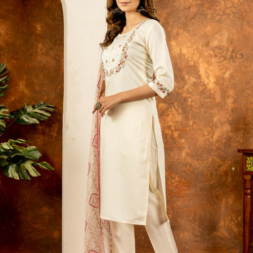 Off-White Color Embroidery Thread Work Designer Salwar Suit
